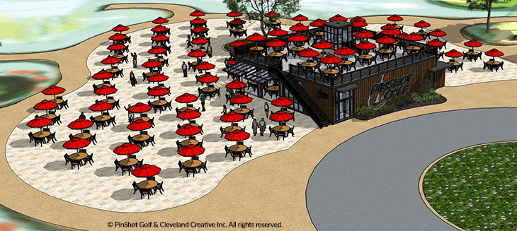 Overhead view of PinShot Golf Restaurant and Patio
